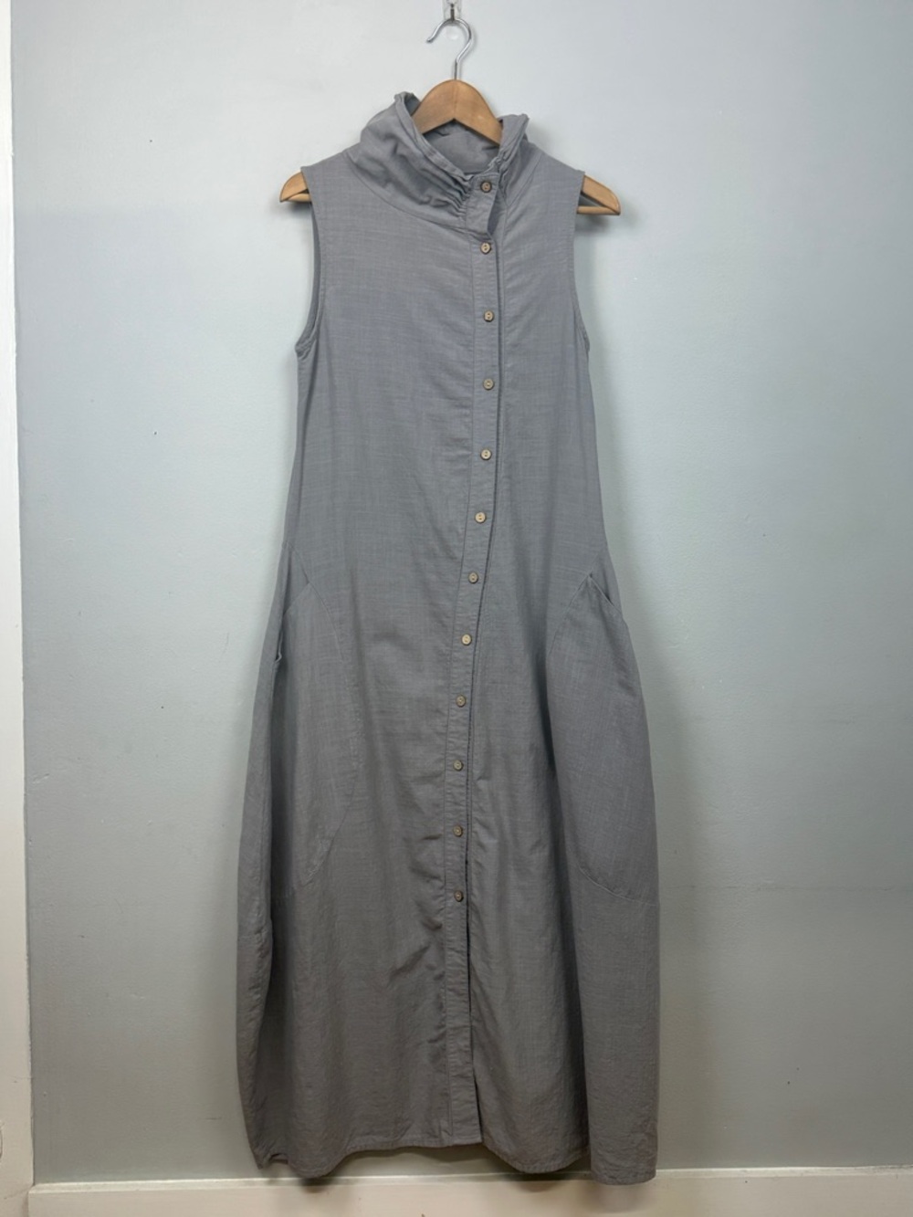 Grey Cotton Lagenlook Cowl Neck Sleeveless Button Down Maxi Dress Sz M - Picture 5 of 14